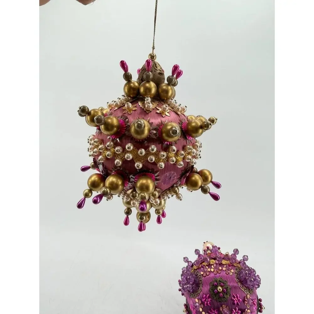 Vintage Handmade Beaded Christmas Ornament Pink Gold Sequin Ball OOAK Decor